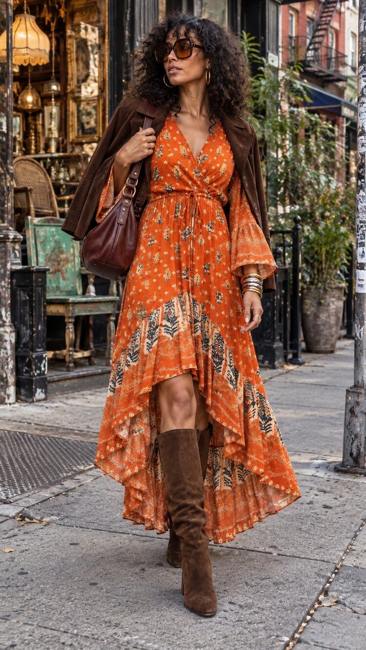 Label Ritu Kumar Rust Orange Printed High-Low Maxi Dress Bell Sleeve Small